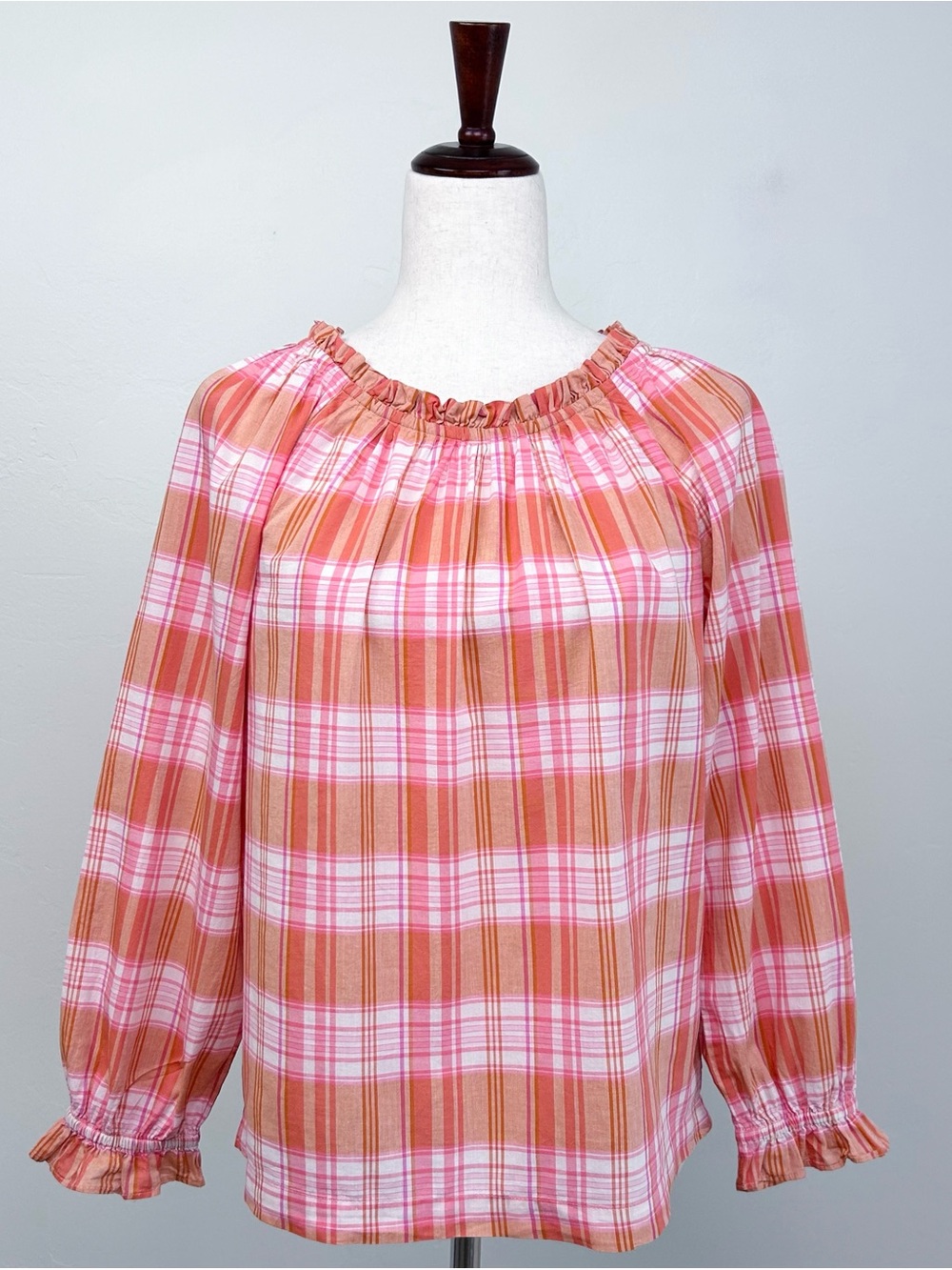 J. Crew Summer Orange Pink Plaid 100% Cotton Ruffle Tie-Back Long Sleeve Top XS